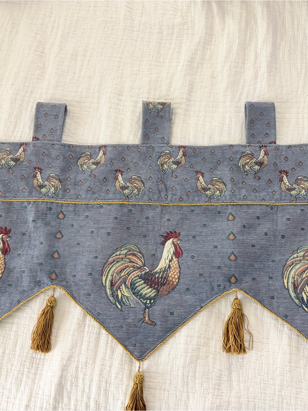 Vintage Rooster Print Window Valance in Denim Blue with Gold Tassels